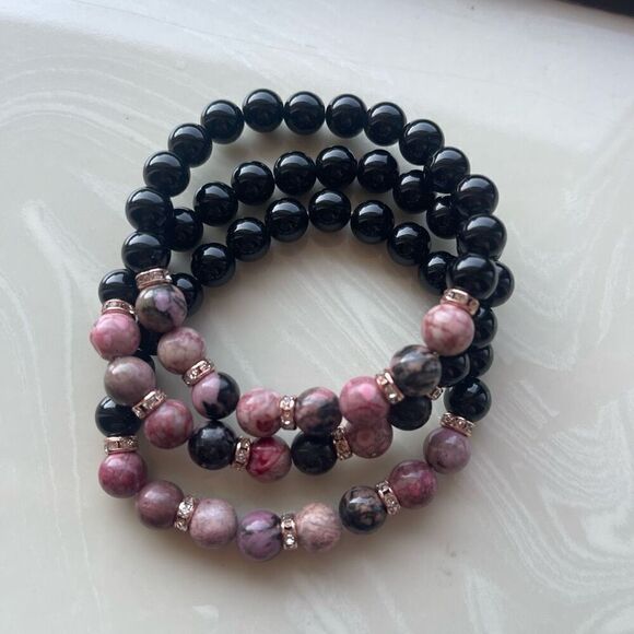 Rose coral jasper rhodonite obsidian ONE stretch bracket NEW handmade rhinestone - Picture 6 of 11